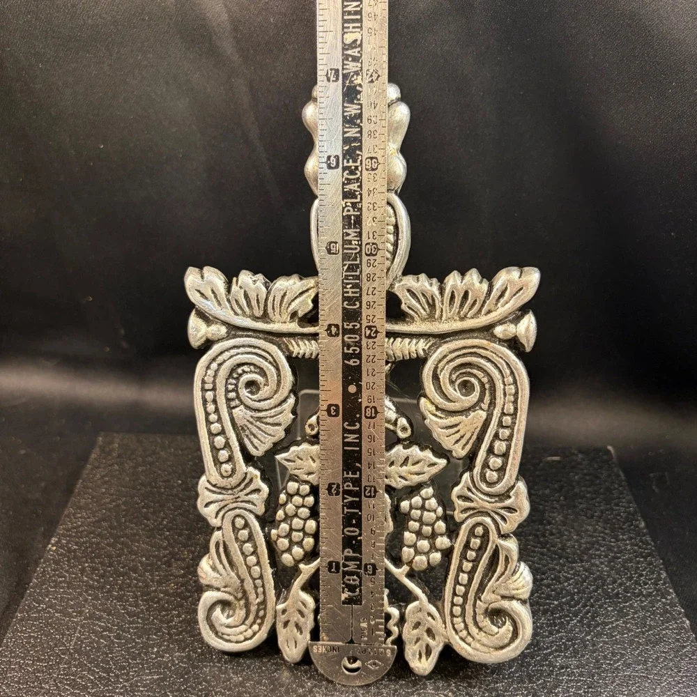 Vintage Cast Metal Trivet Grape & Leaf Scrollwork Silver Tone Victorian Style